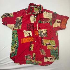 Vintage Exterior 100% Silk Abstract Geometric Patchwork Button Down Shirt L